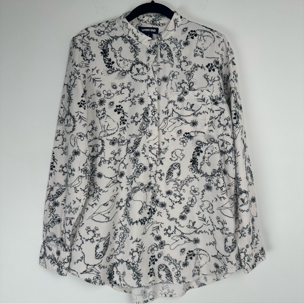 Lands End Women's Flannel Top Size Small White Cottagecore Birds Floral